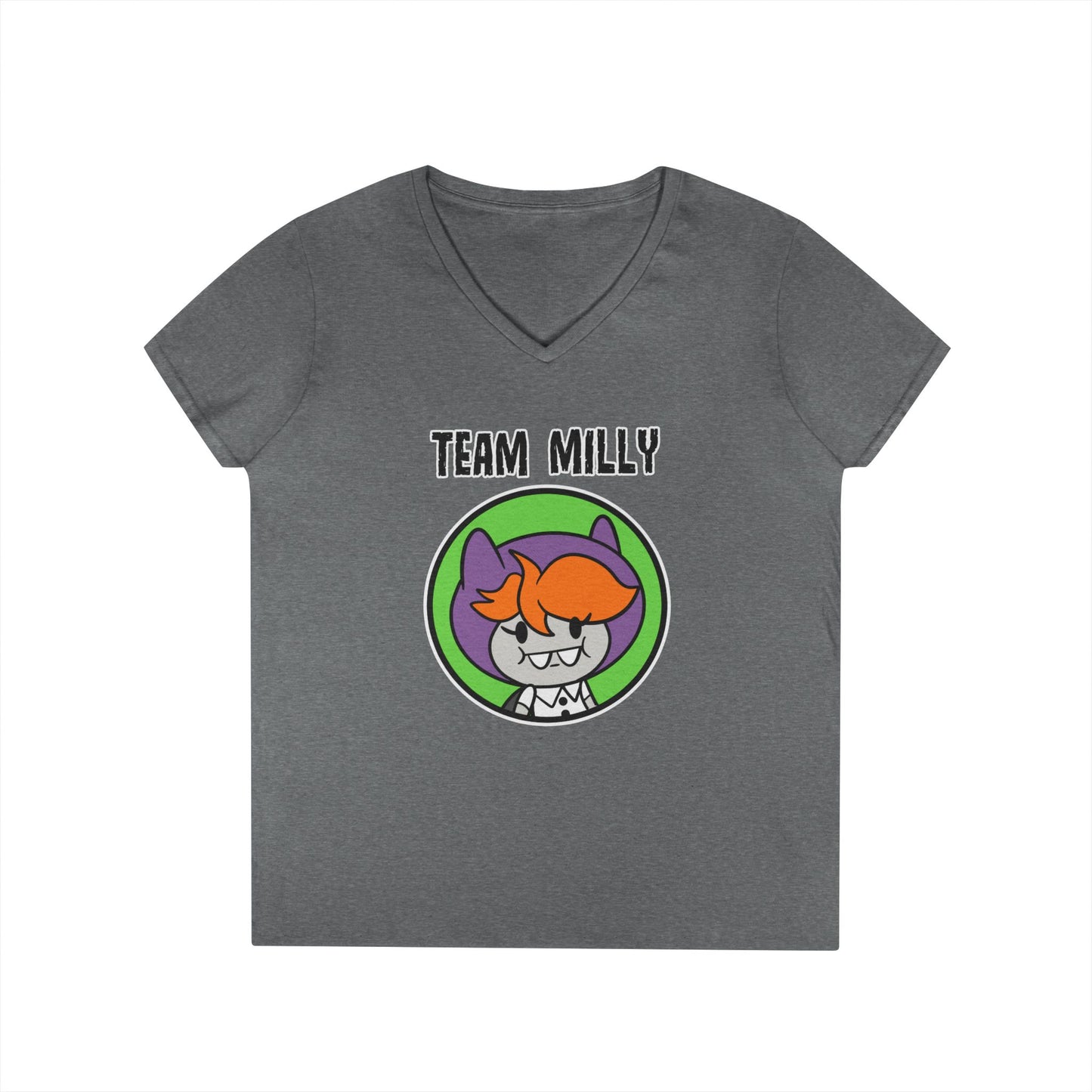 Team Milly Ladies' V-Neck T-Shirt, Cute Graphic Tee, Fun Casual Wear, Gift for Friends, Halloween Festivities, Team Spirit Apparel