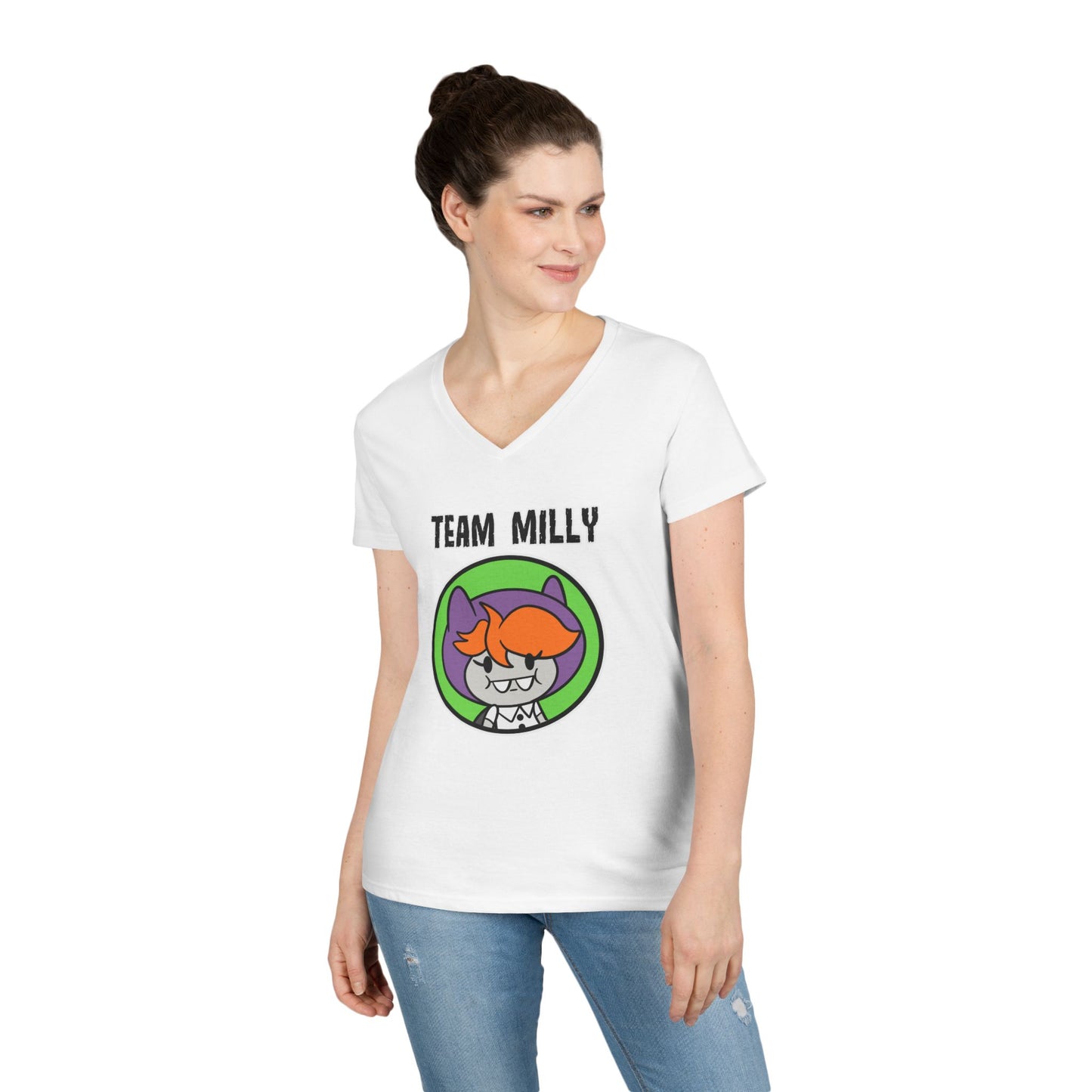 Team Milly Ladies' V-Neck T-Shirt, Cute Graphic Tee, Fun Casual Wear, Gift for Friends, Halloween Festivities, Team Spirit Apparel