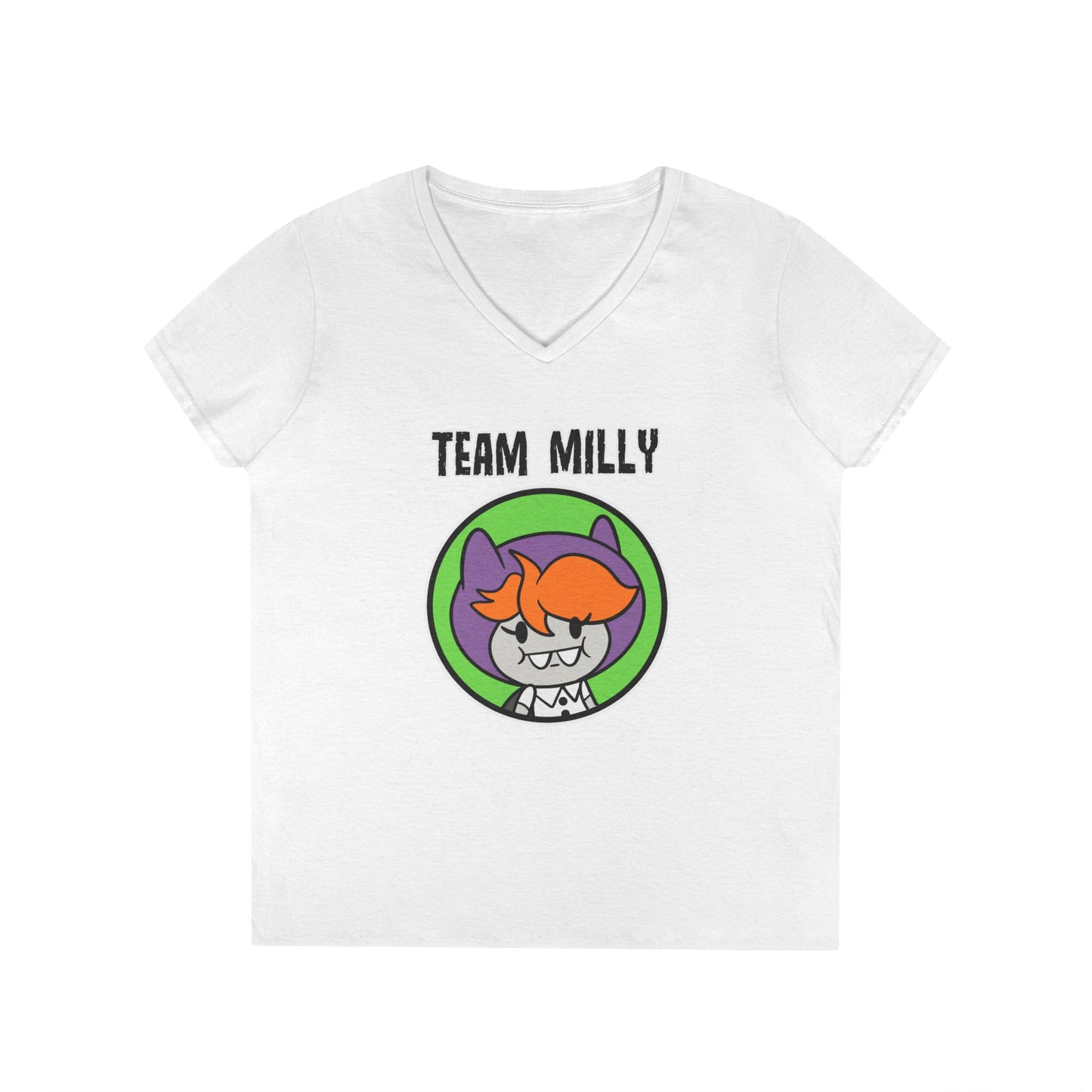 Team Milly Ladies' V-Neck T-Shirt, Cute Graphic Tee, Fun Casual Wear, Gift for Friends, Halloween Festivities, Team Spirit Apparel