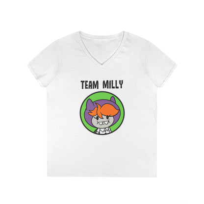 Team Milly Ladies' V-Neck T-Shirt, Cute Graphic Tee, Fun Casual Wear, Gift for Friends, Halloween Festivities, Team Spirit Apparel