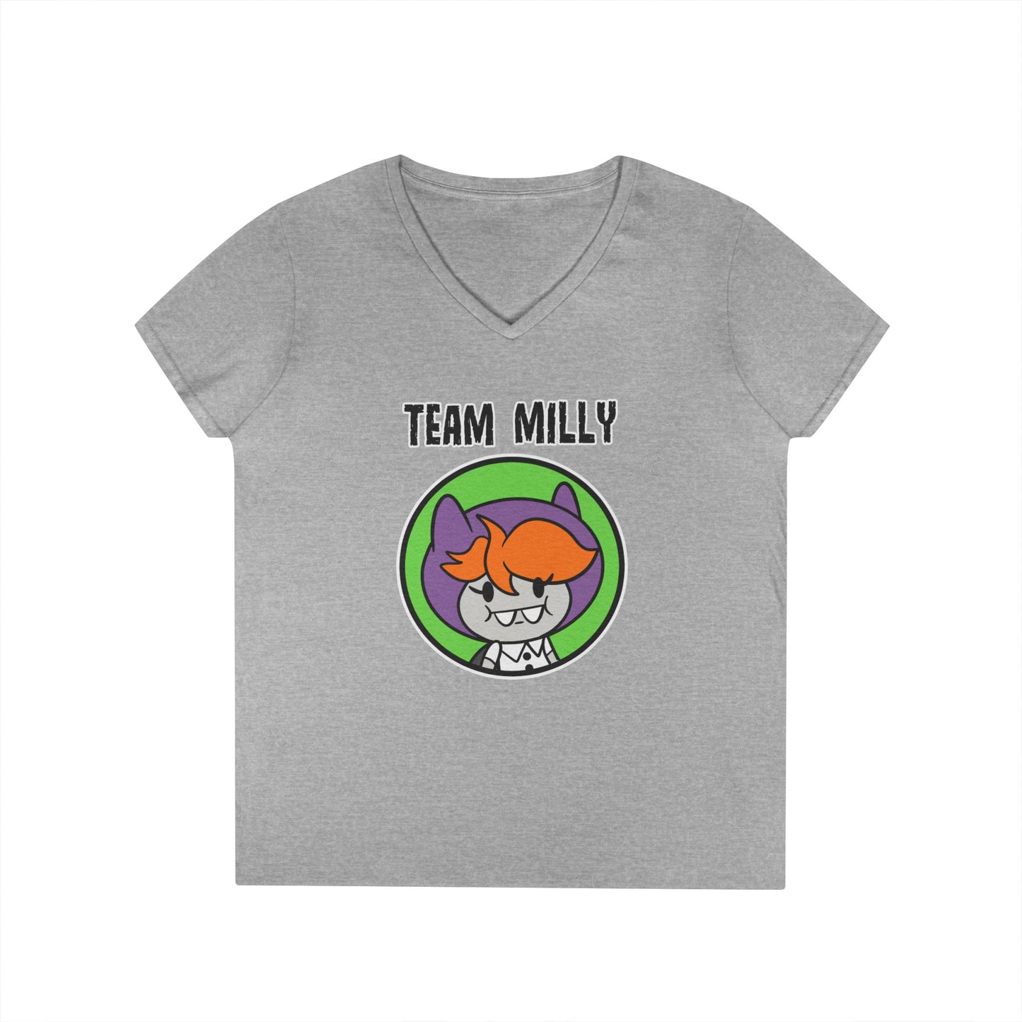 Team Milly Ladies' V-Neck T-Shirt, Cute Graphic Tee, Fun Casual Wear, Gift for Friends, Halloween Festivities, Team Spirit Apparel