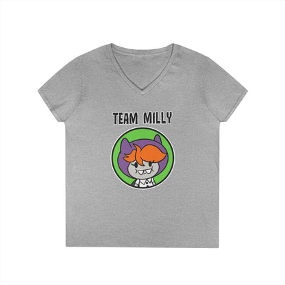 Team Milly Ladies' V-Neck T-Shirt, Cute Graphic Tee, Fun Casual Wear, Gift for Friends, Halloween Festivities, Team Spirit Apparel