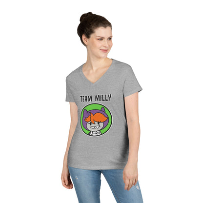 Team Milly Ladies' V-Neck T-Shirt, Cute Graphic Tee, Fun Casual Wear, Gift for Friends, Halloween Festivities, Team Spirit Apparel