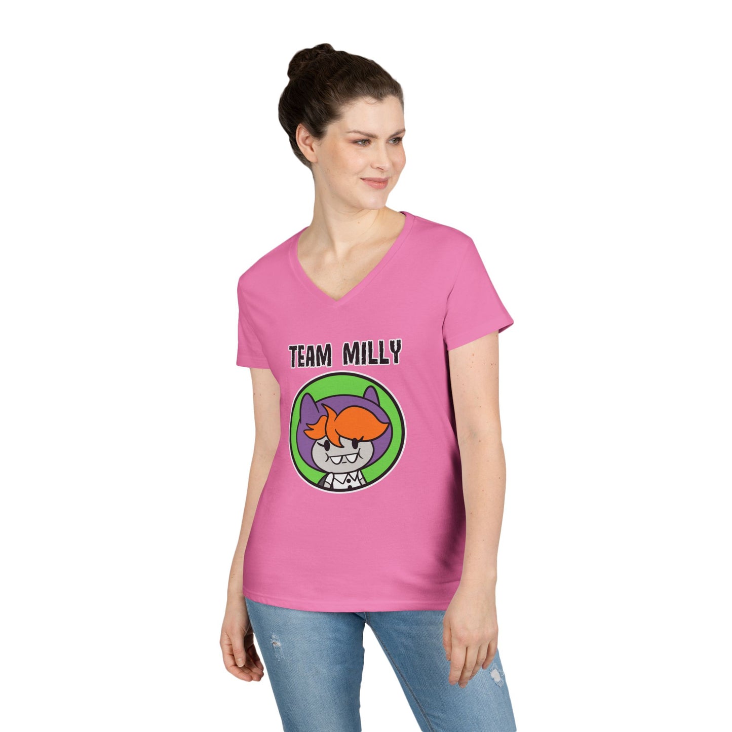 Team Milly Ladies' V-Neck T-Shirt, Cute Graphic Tee, Fun Casual Wear, Gift for Friends, Halloween Festivities, Team Spirit Apparel