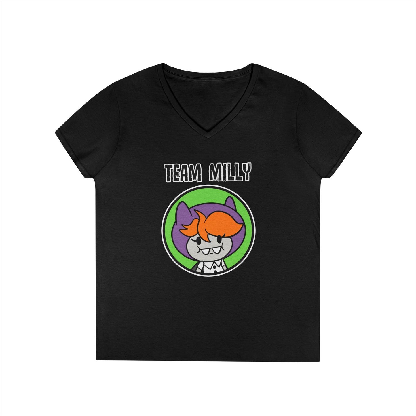 Team Milly Ladies' V-Neck T-Shirt, Cute Graphic Tee, Fun Casual Wear, Gift for Friends, Halloween Festivities, Team Spirit Apparel