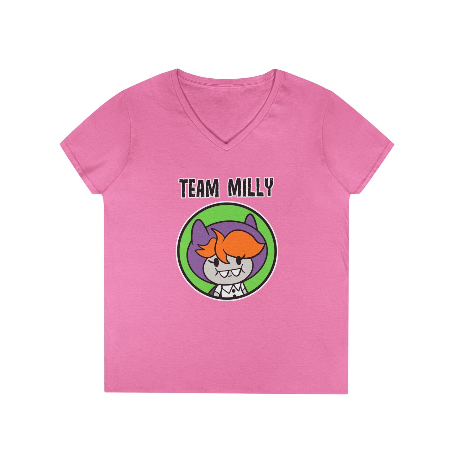 Team Milly Ladies' V-Neck T-Shirt, Cute Graphic Tee, Fun Casual Wear, Gift for Friends, Halloween Festivities, Team Spirit Apparel