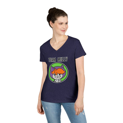 Team Milly Ladies' V-Neck T-Shirt, Cute Graphic Tee, Fun Casual Wear, Gift for Friends, Halloween Festivities, Team Spirit Apparel