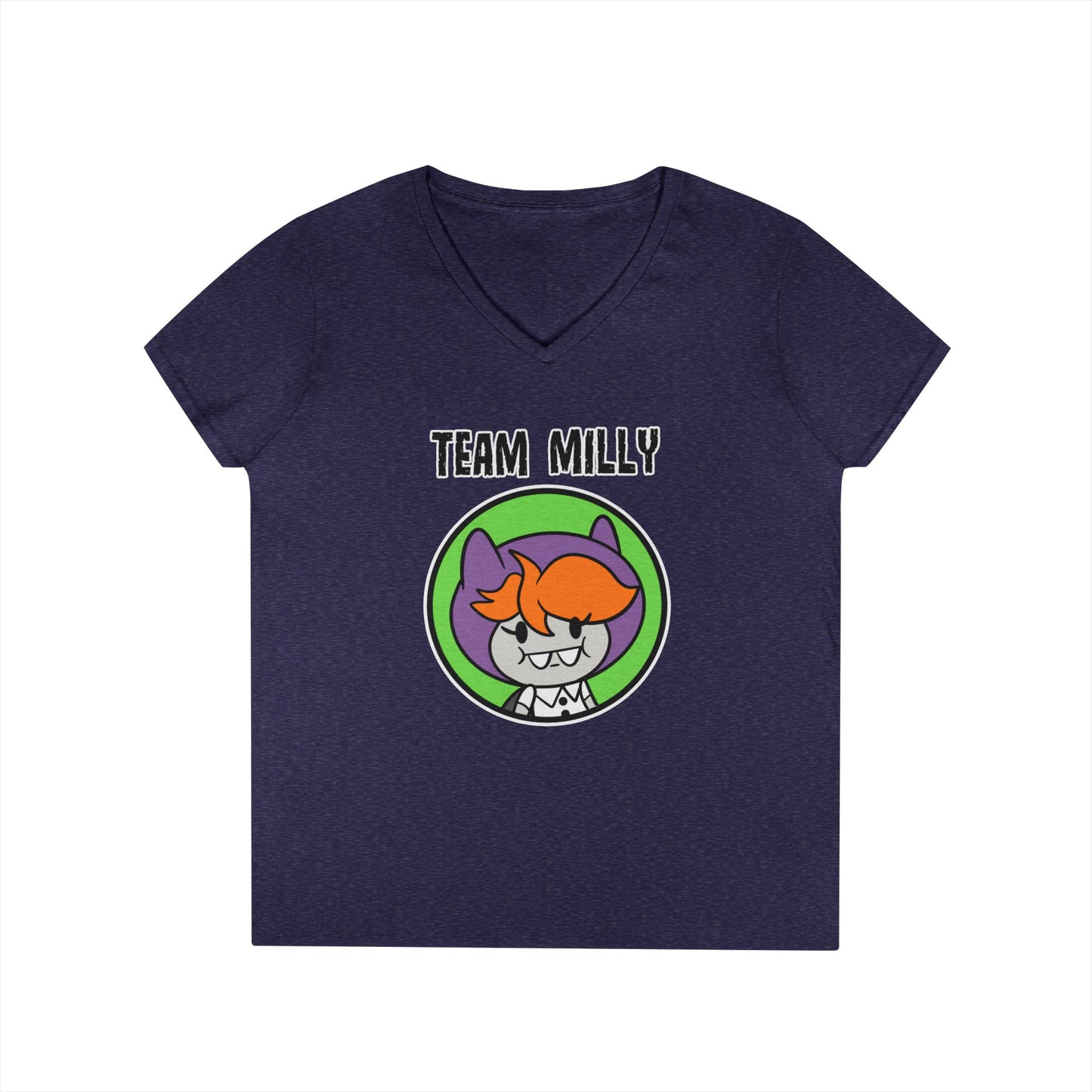 Team Milly Ladies' V-Neck T-Shirt, Cute Graphic Tee, Fun Casual Wear, Gift for Friends, Halloween Festivities, Team Spirit Apparel