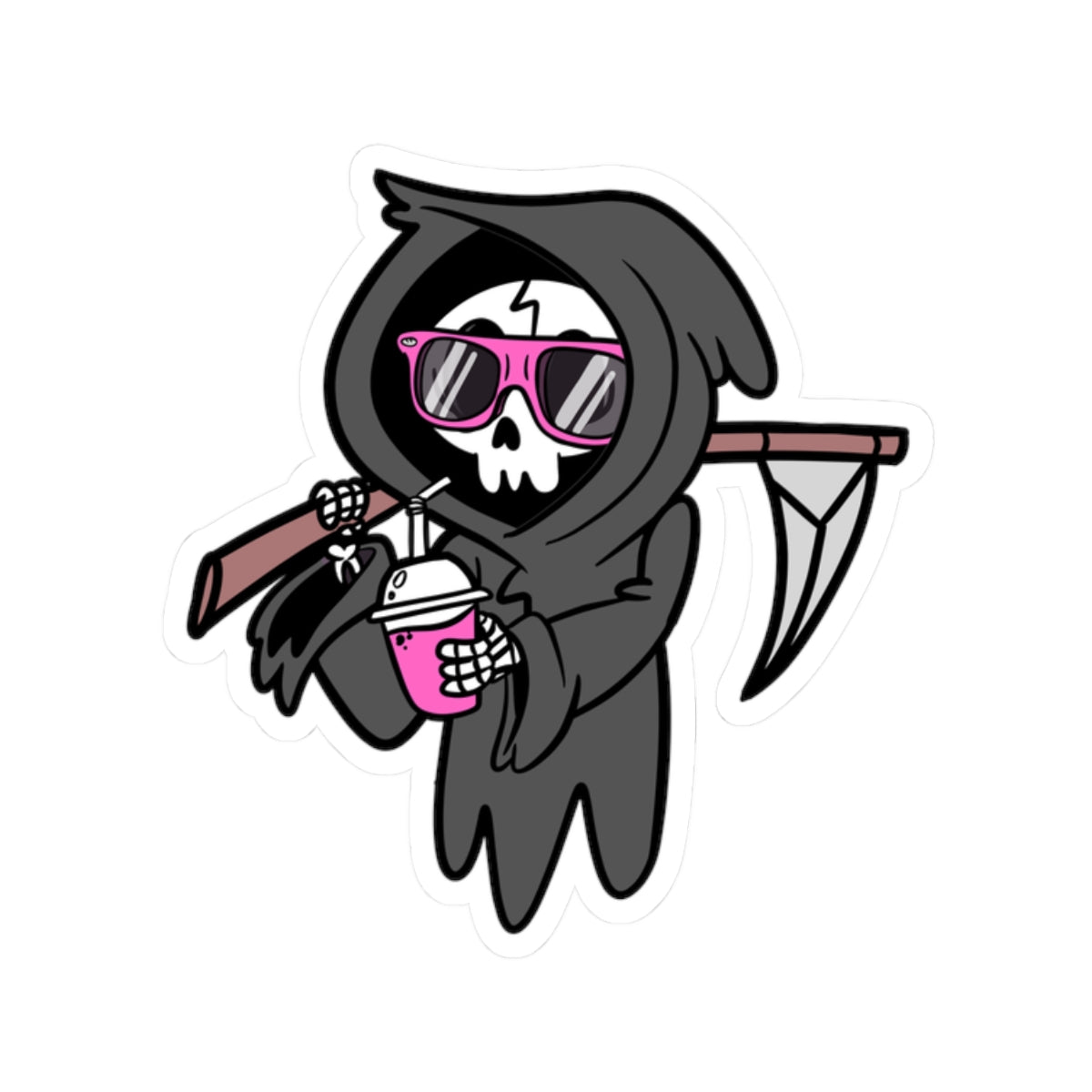 💀😎✨ Jim Grim the Grim Reaper Sticker – 3x3" (Pink Shades + Iced Coffee!) 💖☕