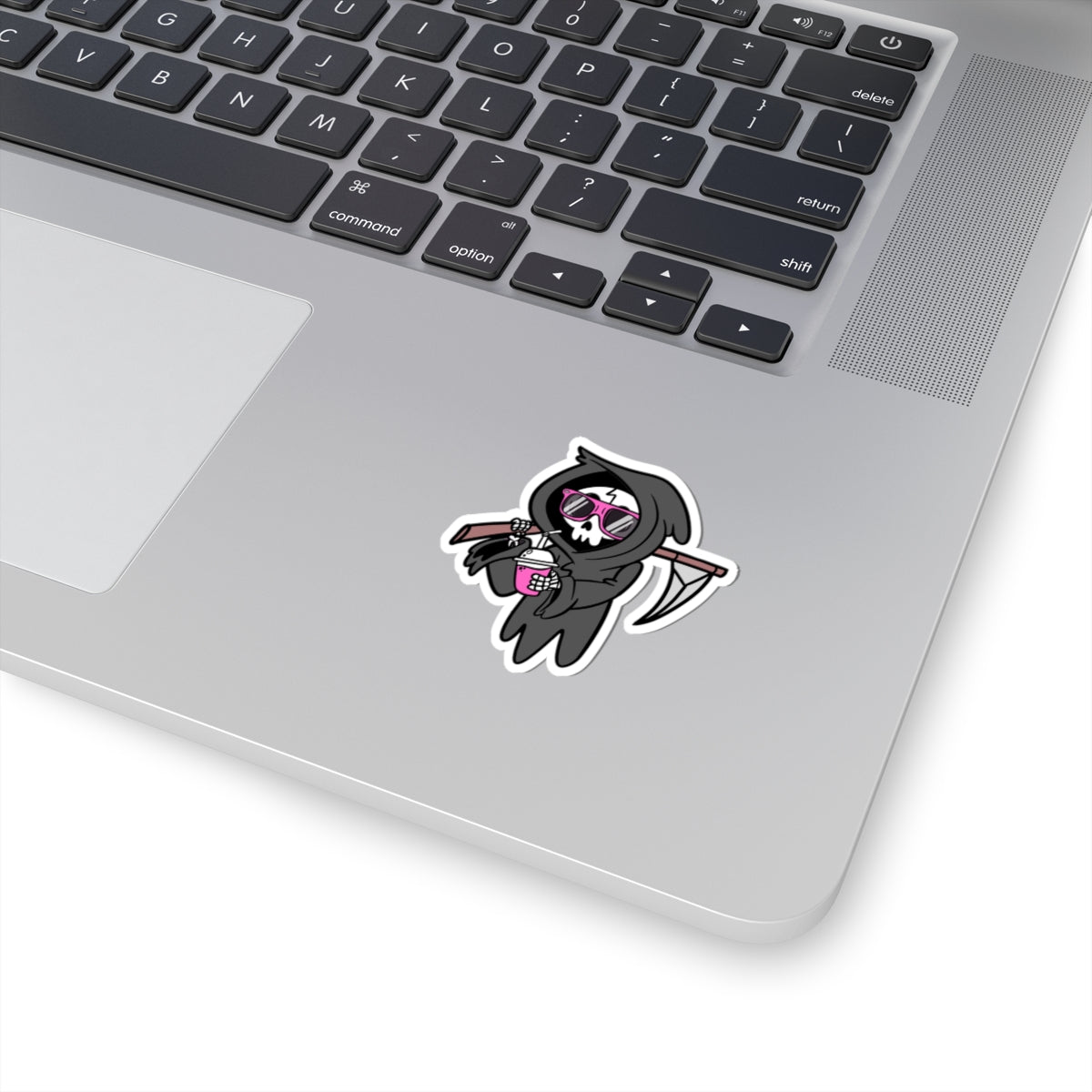 💀😎✨ Jim Grim the Grim Reaper Sticker – 3x3" (Pink Shades + Iced Coffee!) 💖☕